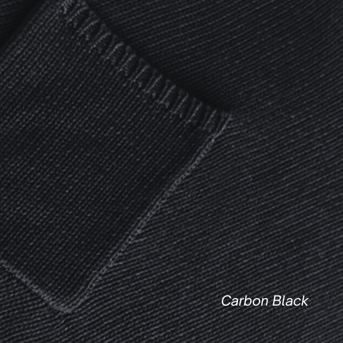 Close-up of carbon black fabric texture with 'Carbon Black' text.