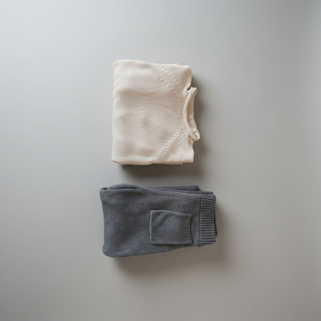 Folded ecru serenity pullover sweater and gray knitted pant on a light gray background
