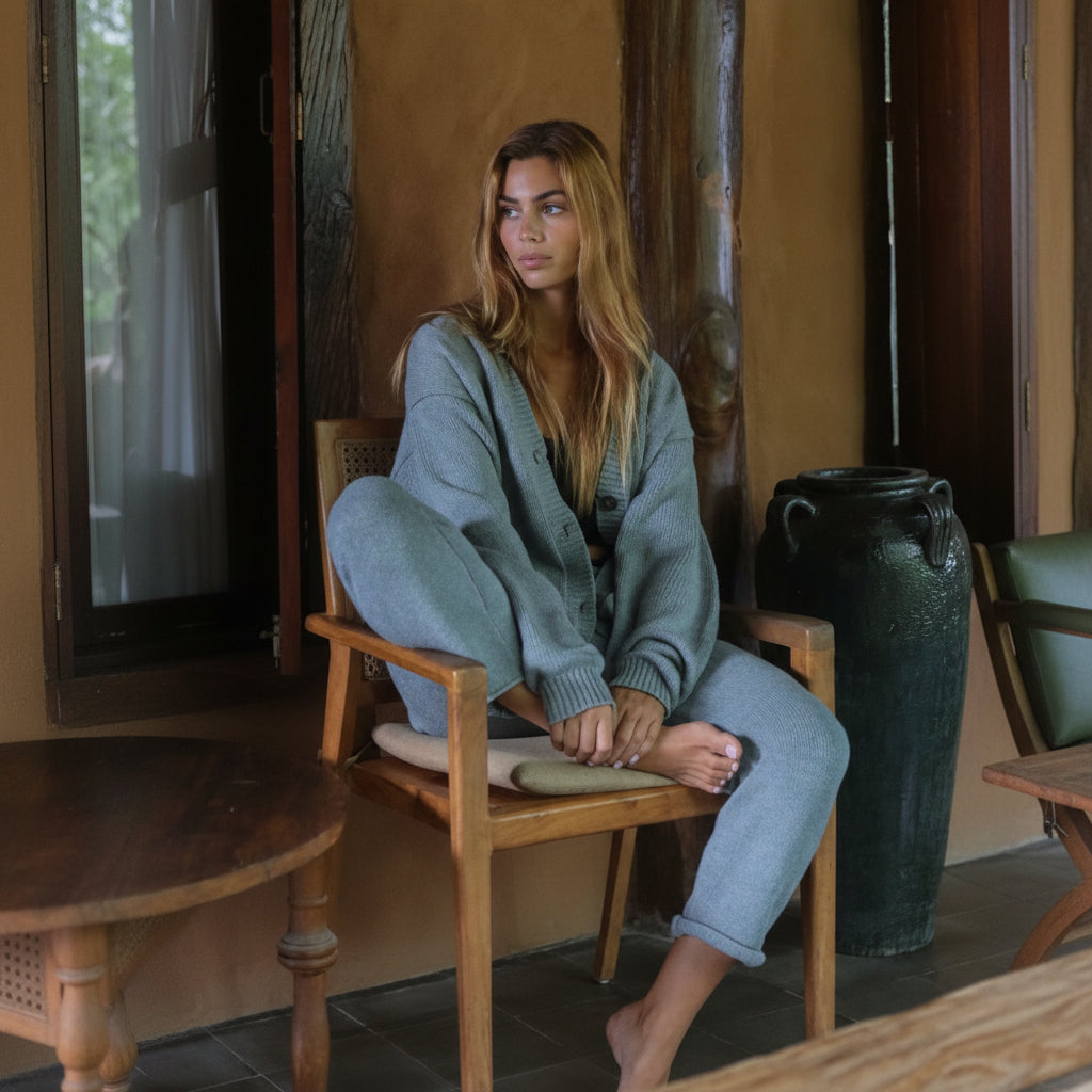 Woman sitting on a wooden chair in a rustic setting with a vase and wall art in the background wearing a knitted Flow Set, Serenity Cardigan and momentum jogger