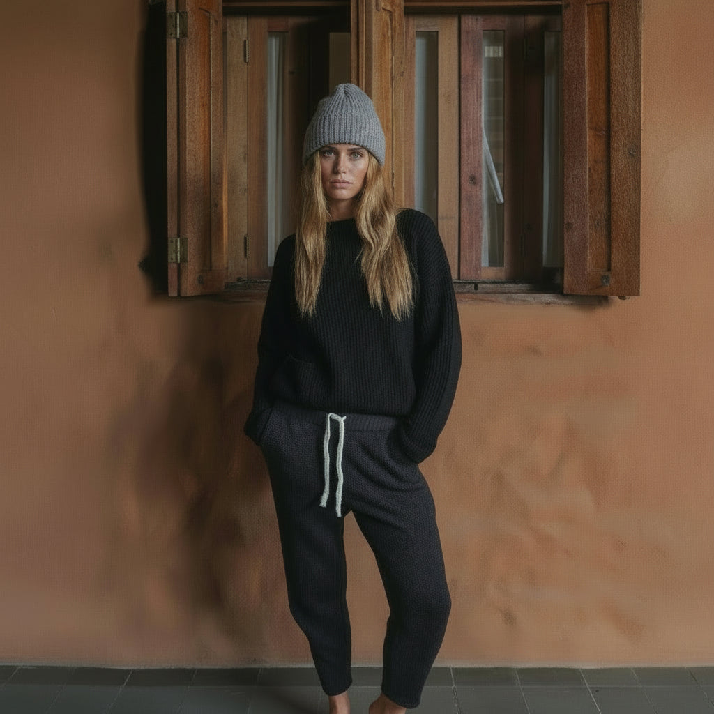 Person wearing a black knitted sweater, black knitted pants, and a grey beanie standing against a wooden wall.