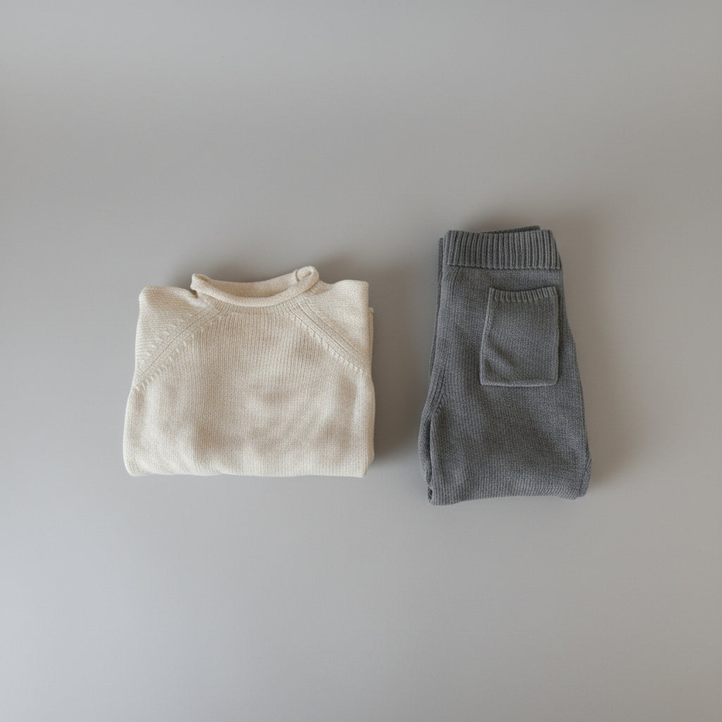 Folded cream-colored top and gray pants on a light grey flat surface.