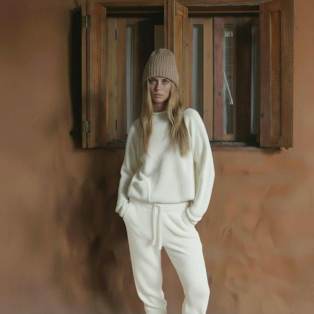 Person wearing a white knitted outfit and beige beanie standing in front of a wooden window.